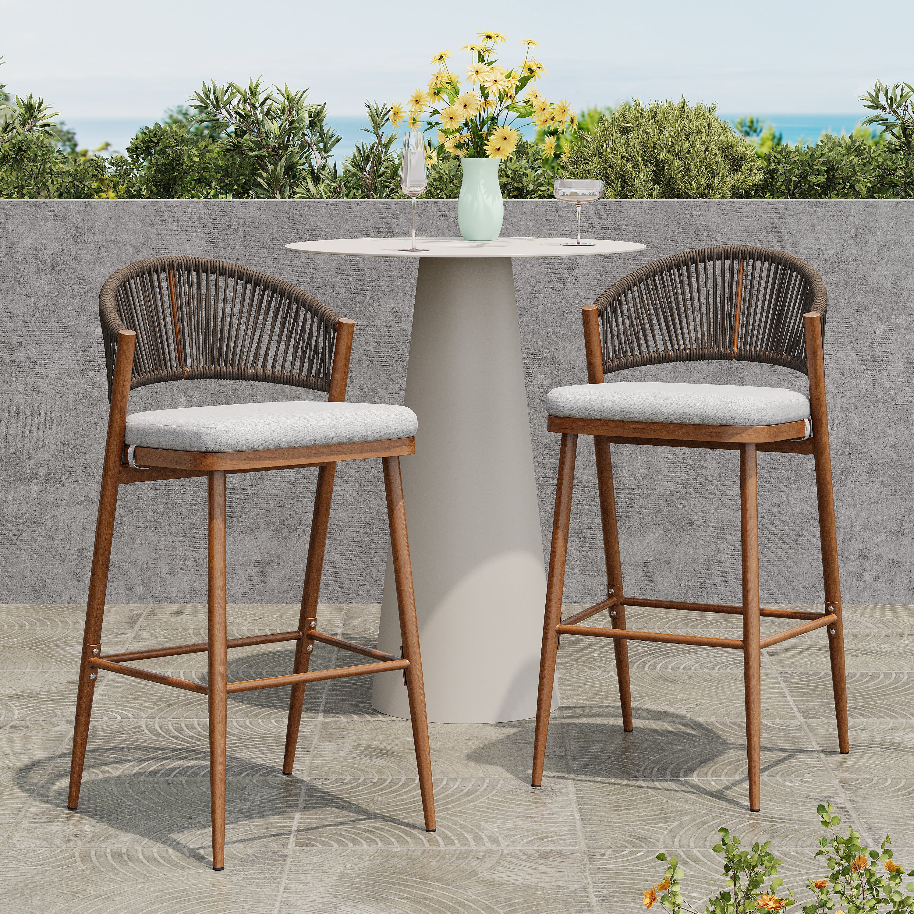 Outdoor Metal Frame Stools with Scallop-Shaped Backrest & Water-Resistant Cushions, Set of 2