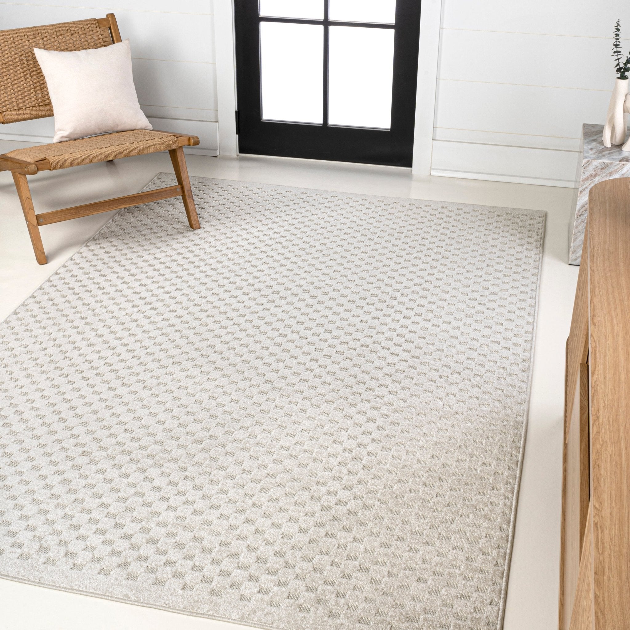 Finn High-Low Modern Minimalist Checkered Monotone Indoor/Outdoor Area Rug