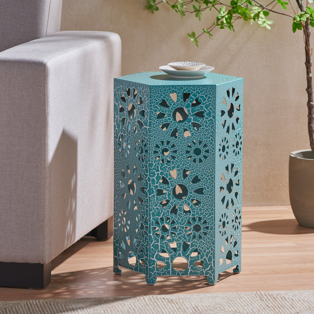 Enshrine Outdoor Iron Side Table with Sunburst Cut Out Design