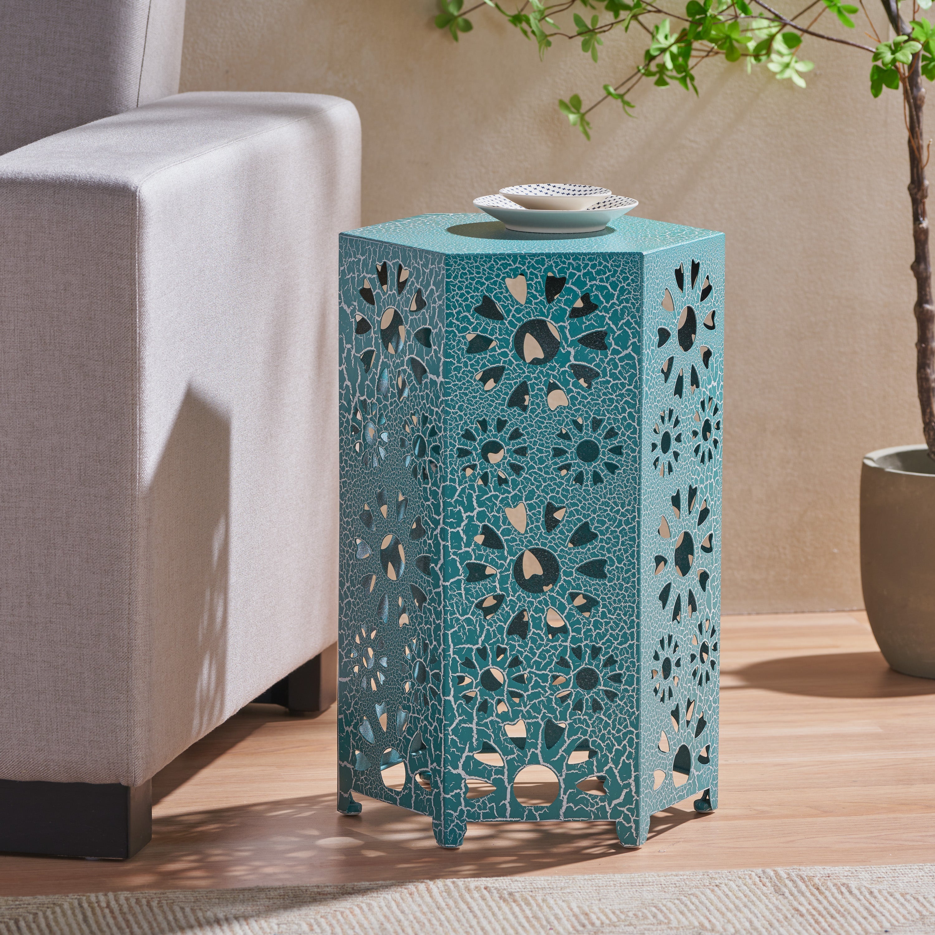 Enshrine Outdoor Iron Side Table with Sunburst Cut Out Design