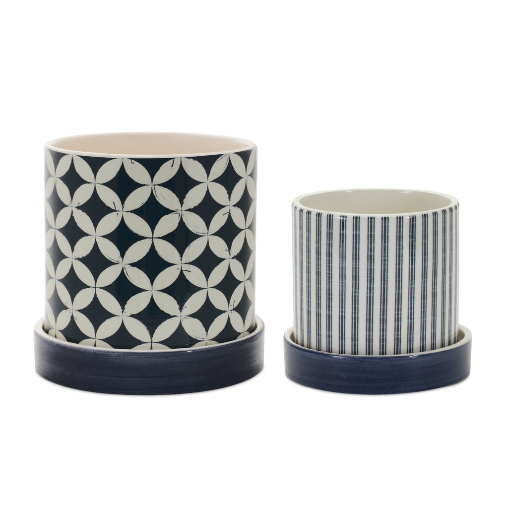 Geometric Pattern Planter with Plate, Set of 2