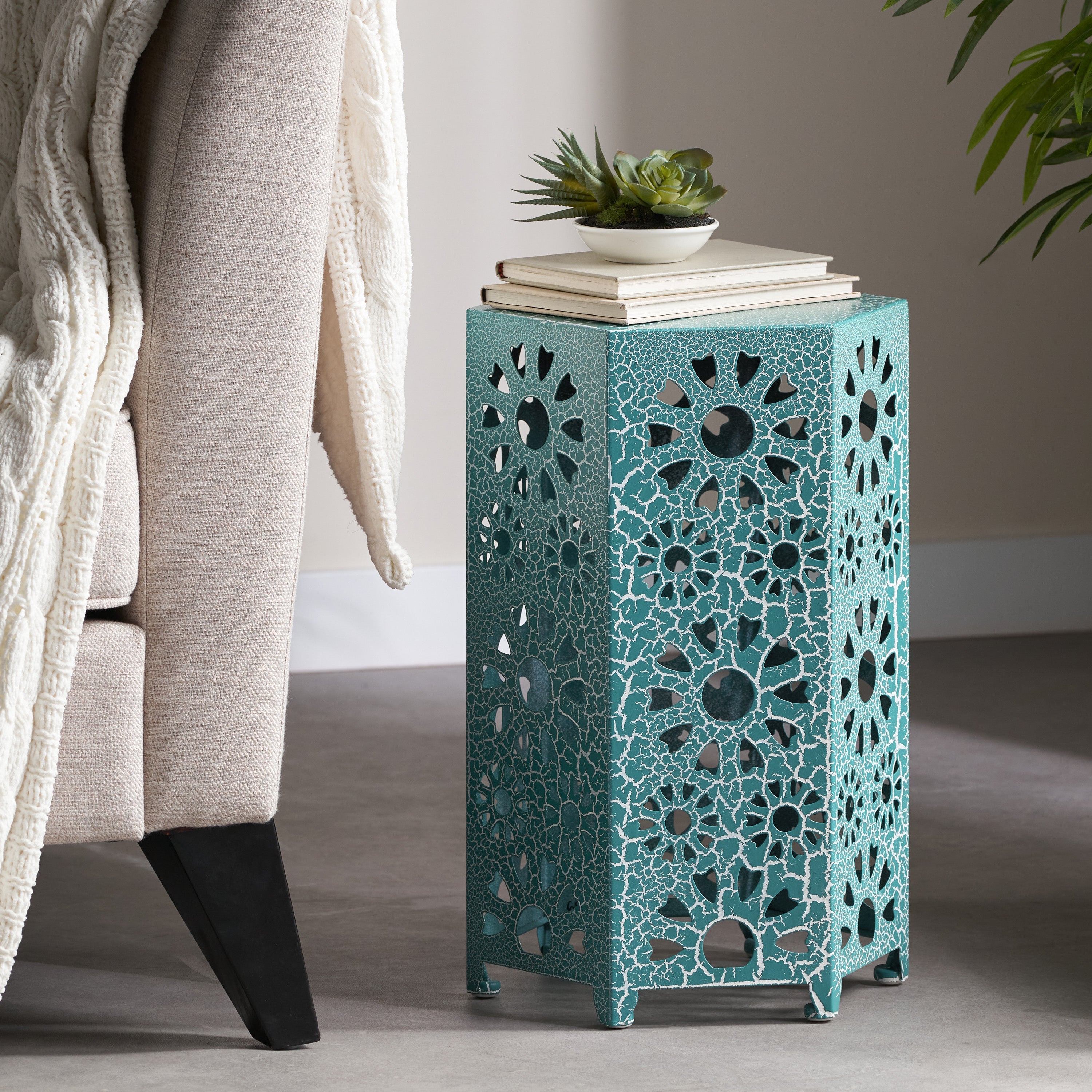 Enshrine Outdoor Iron Side Table with Sunburst Cut Out Design