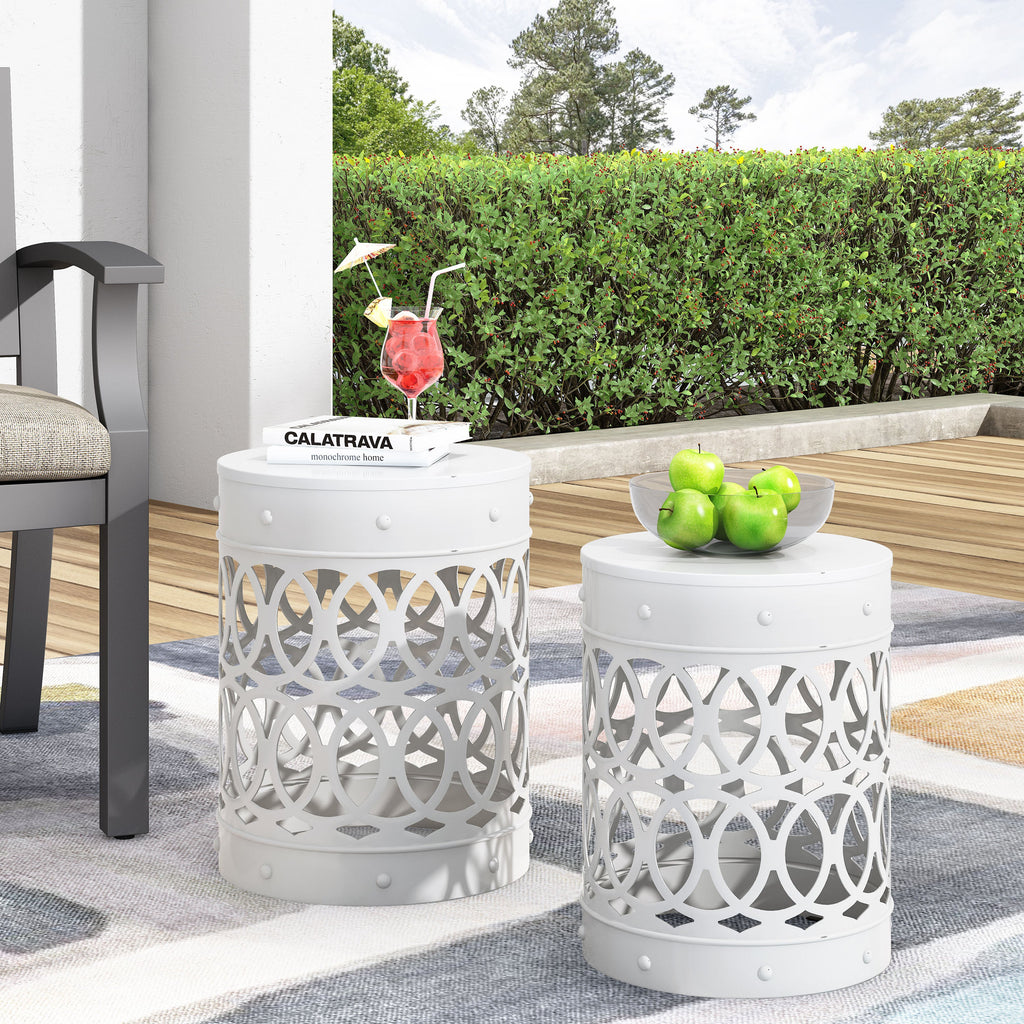 Symmetry White Outdoor Cylindrical End Table with Overlapping Circle Pattern