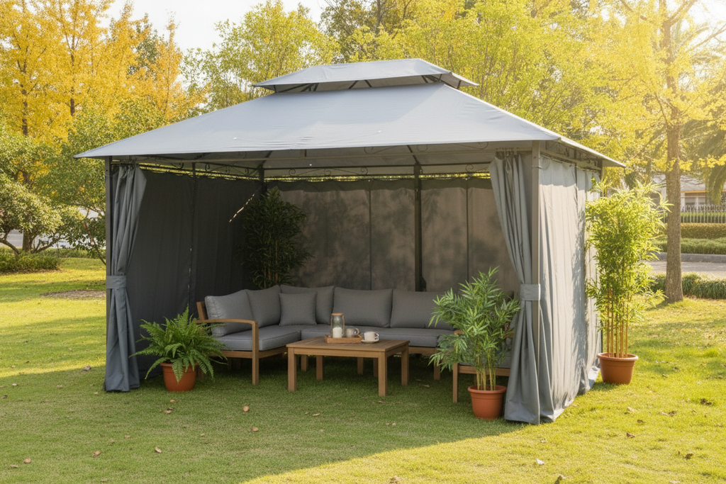 Outsunny 10' x 13' Outdoor Soft Top Gazebo with Curtains  2-Tier Steel