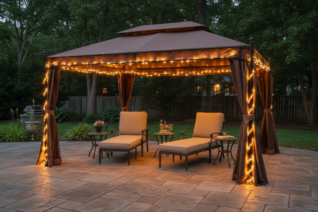 Outsunny 10x13ft Garden Gazebo with Curtain Double-Tiered Outdoor