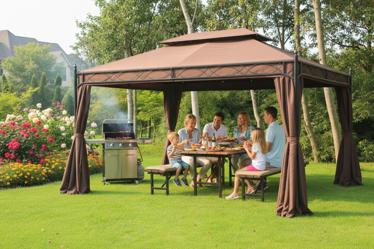 Outsunny 10x13ft Garden Gazebo with Curtain Double-Tiered Outdoor