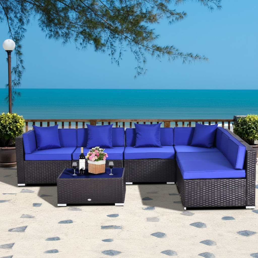 Outsunny 7pc Rattan Furniture Set w/ Side Table Lounge Sofa Cushion