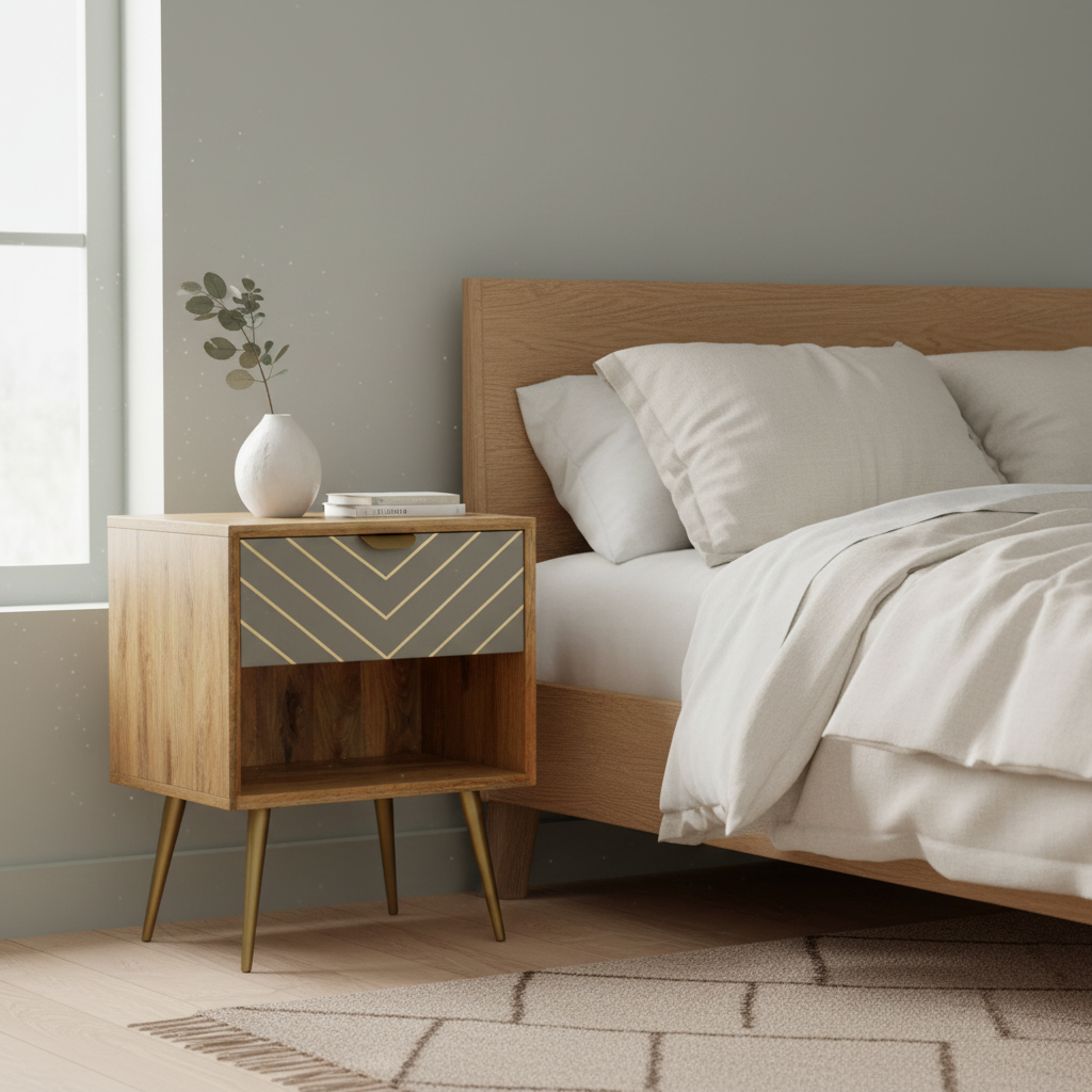 Sleek Cement Brass Inlay Bedside with Open Slot