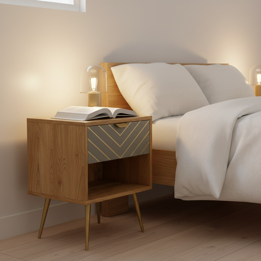 Sleek Cement Brass Inlay Bedside with Open Slot