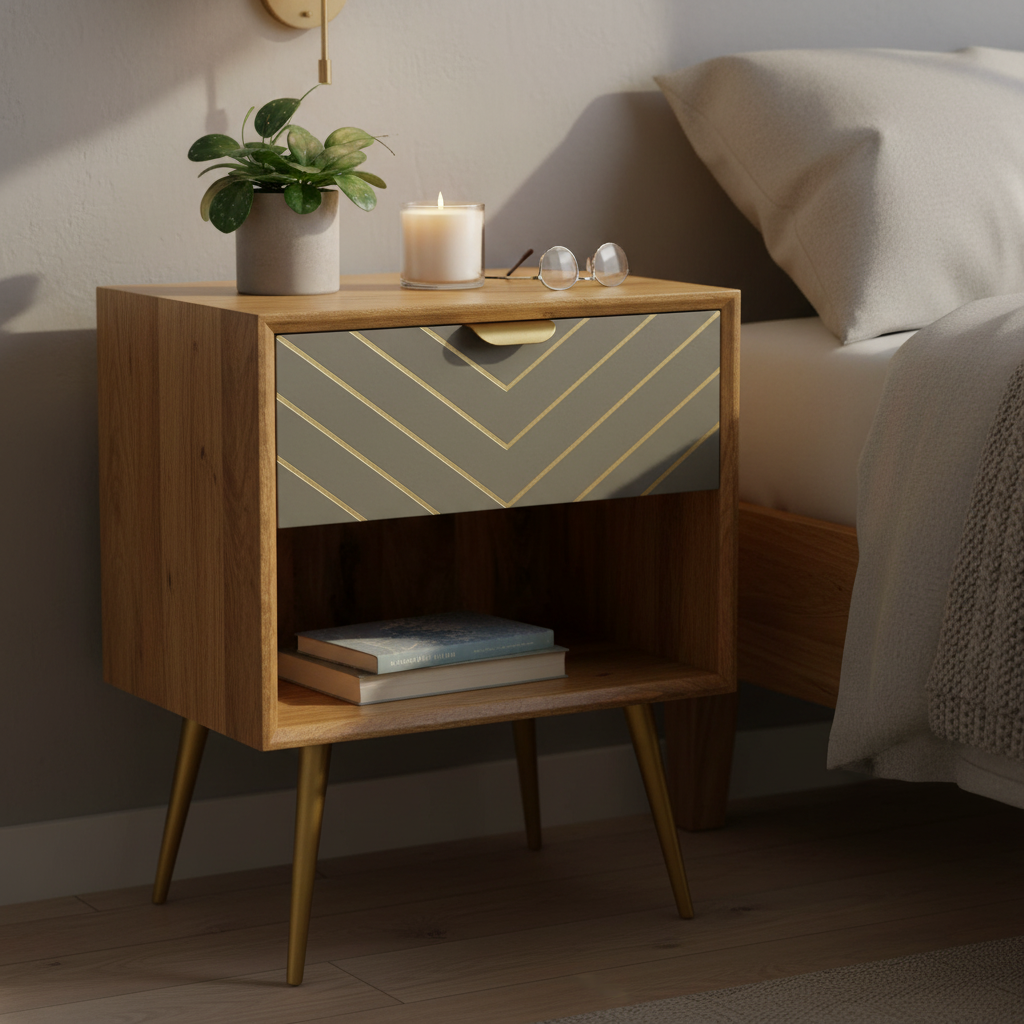 Sleek Cement Brass Inlay Bedside with Open Slot