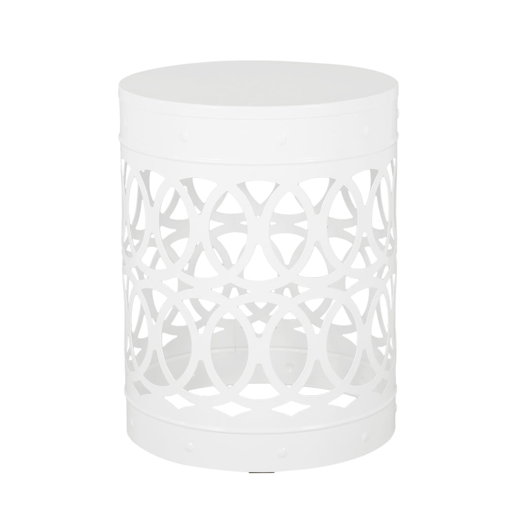 Symmetry White Outdoor Cylindrical End Table with Overlapping Circle Pattern