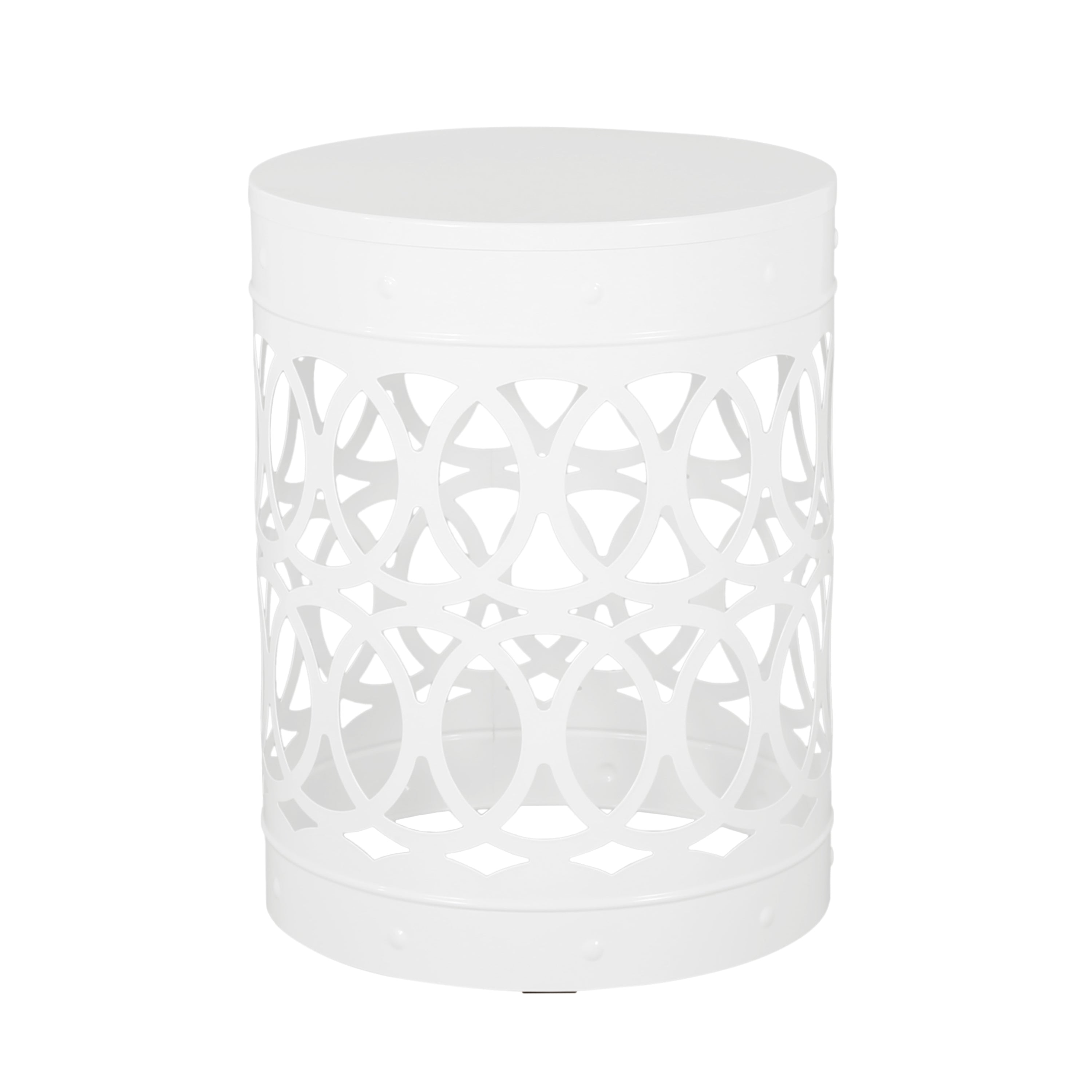 Symmetry White Outdoor Cylindrical End Table with Overlapping Circle Pattern
