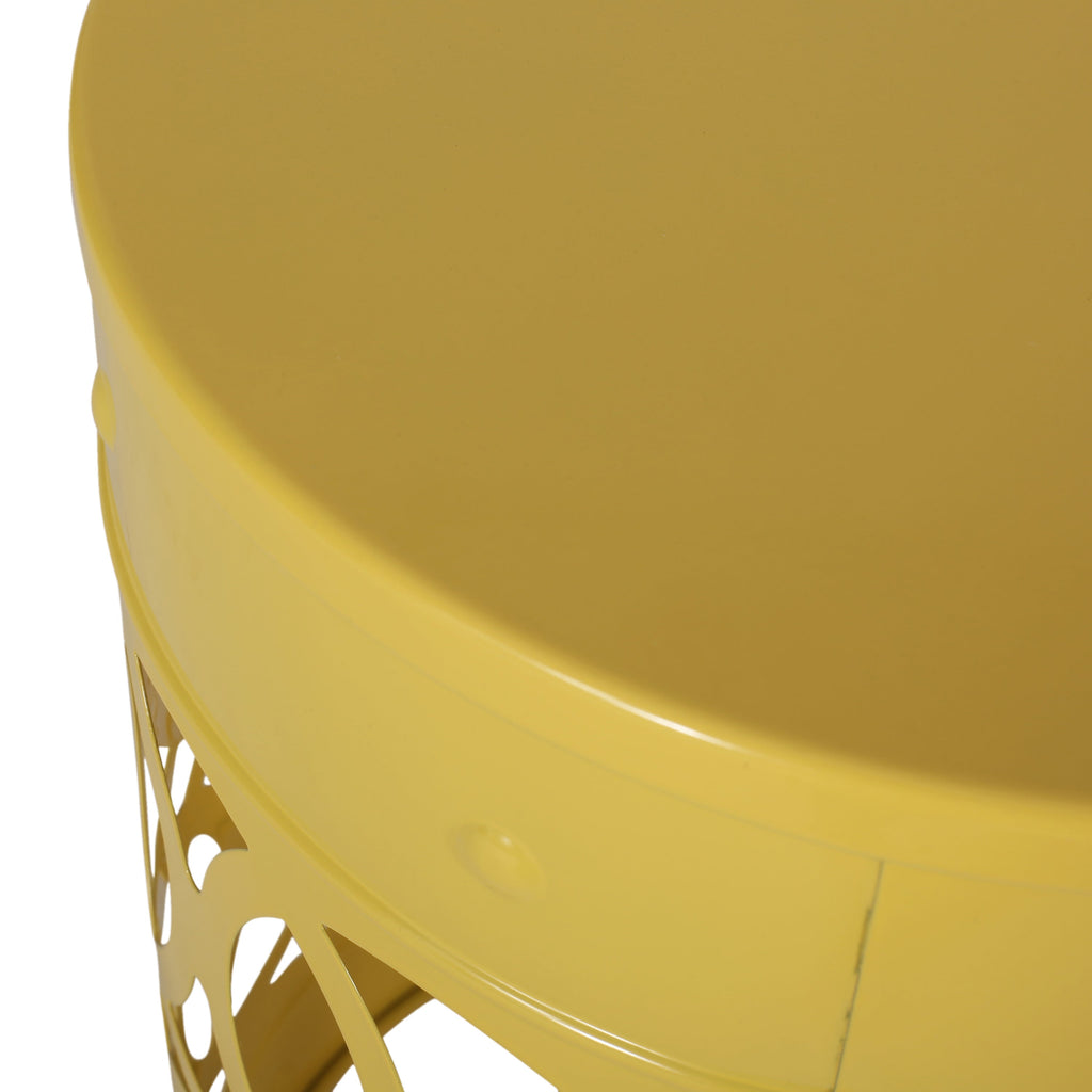 Symmetry Yellow Outdoor Cylindrical End Table with Overlapping Circle Pattern