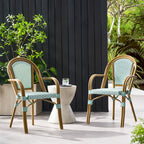 Crowned Wicker Bistro Chair with Checkered Pattern and Curved Arms, Set of 2