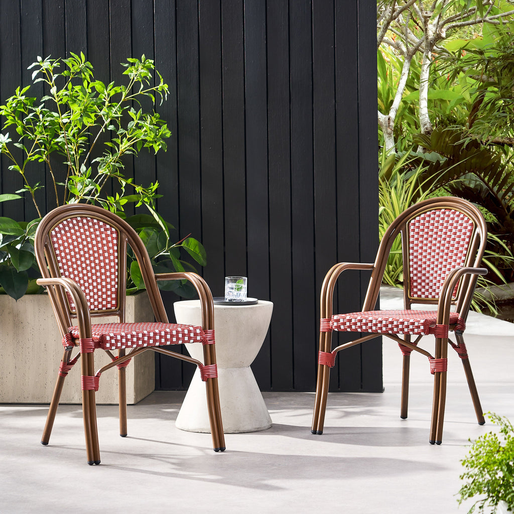 Crowned Wicker Bistro Chair with Checkered Pattern and Curved Arms, Set of 2