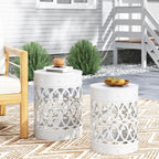 Symmetry White Outdoor Cylindrical End Table with Overlapping Circle Pattern