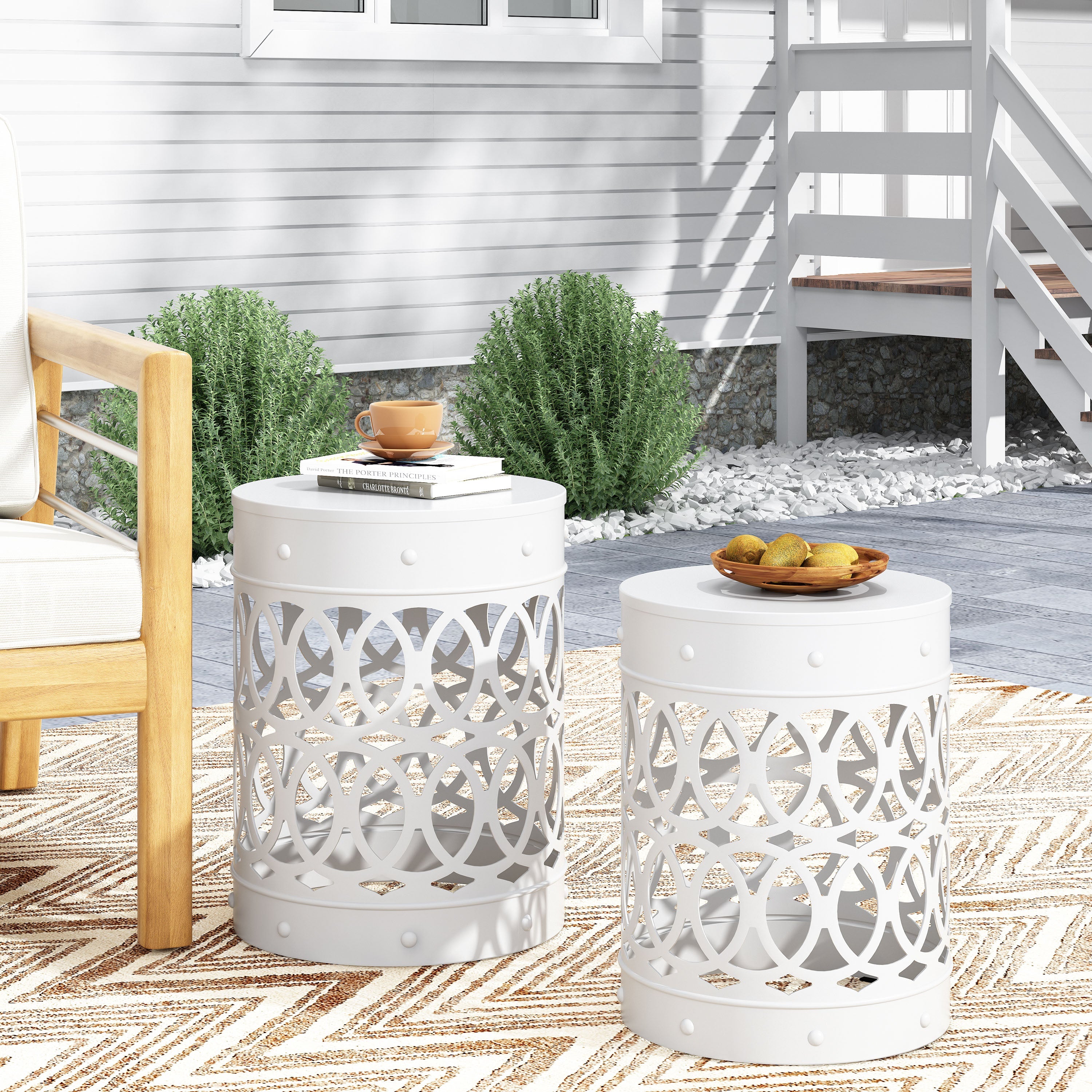 Symmetry White Outdoor Cylindrical End Table with Overlapping Circle Pattern