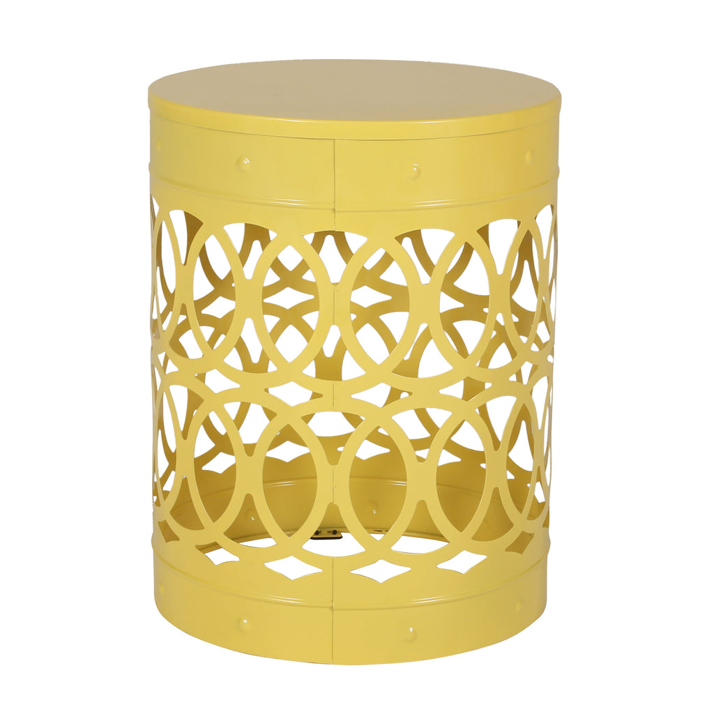Symmetry Yellow Outdoor Cylindrical End Table with Overlapping Circle Pattern