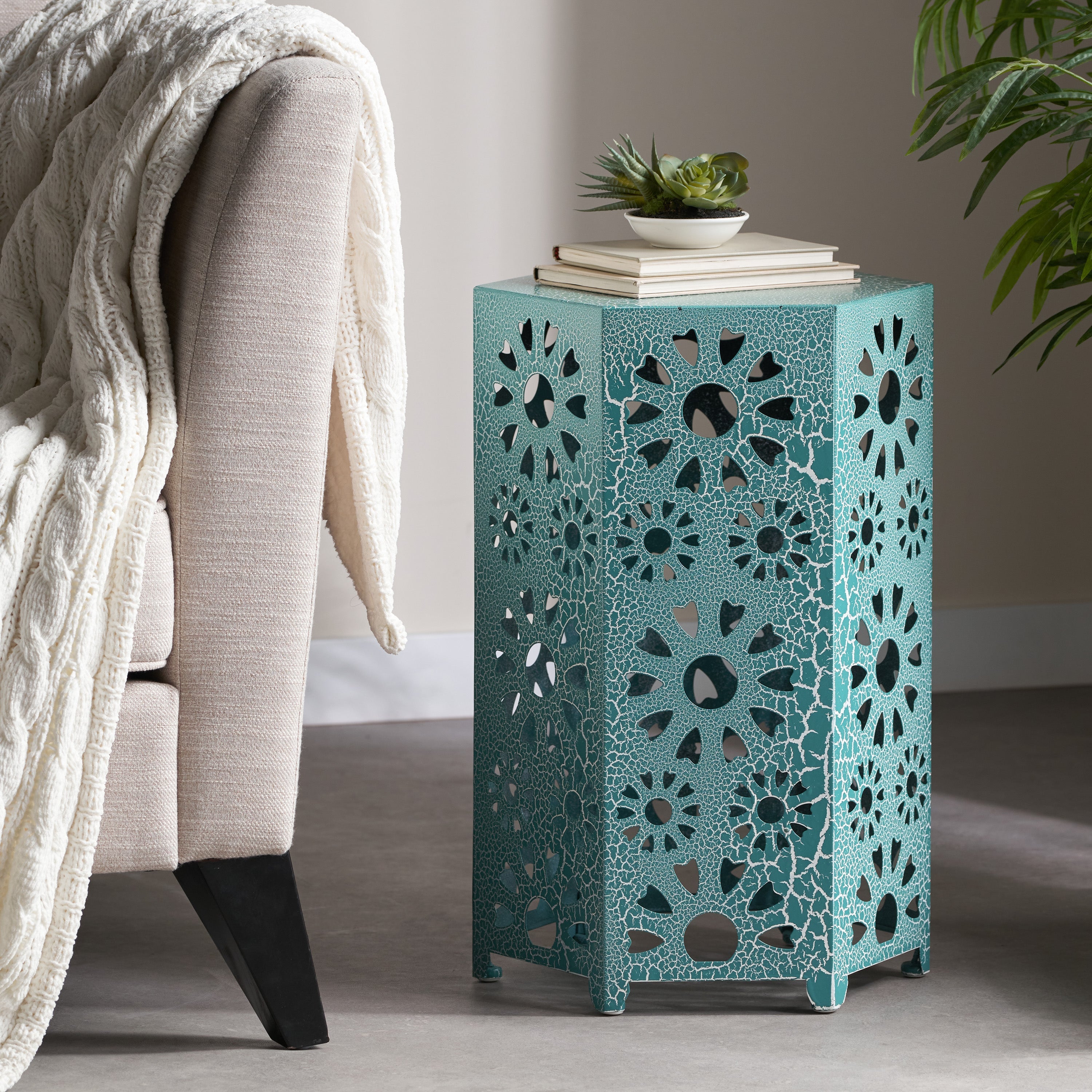 Enshrine Outdoor Iron Side Table with Sunburst Cut Out Design