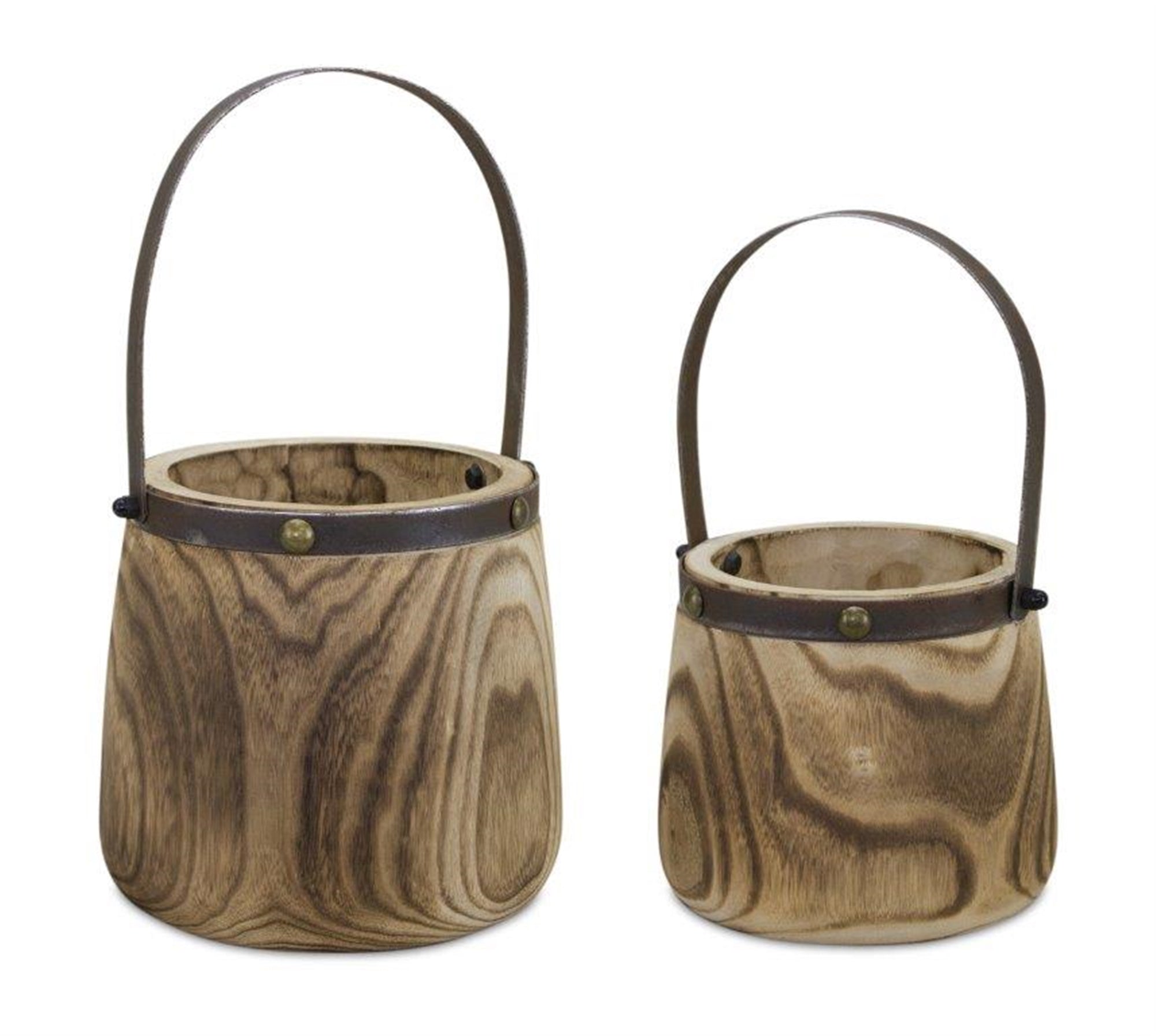 Light Wooden Pail Planter with Metal Handle Accent, Set of 2