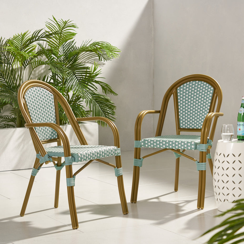 Crowned Wicker Bistro Chair with Checkered Pattern and Curved Arms, Set of 2