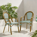 Crowned Wicker Bistro Chair with Checkered Pattern and Curved Arms, Set of 2