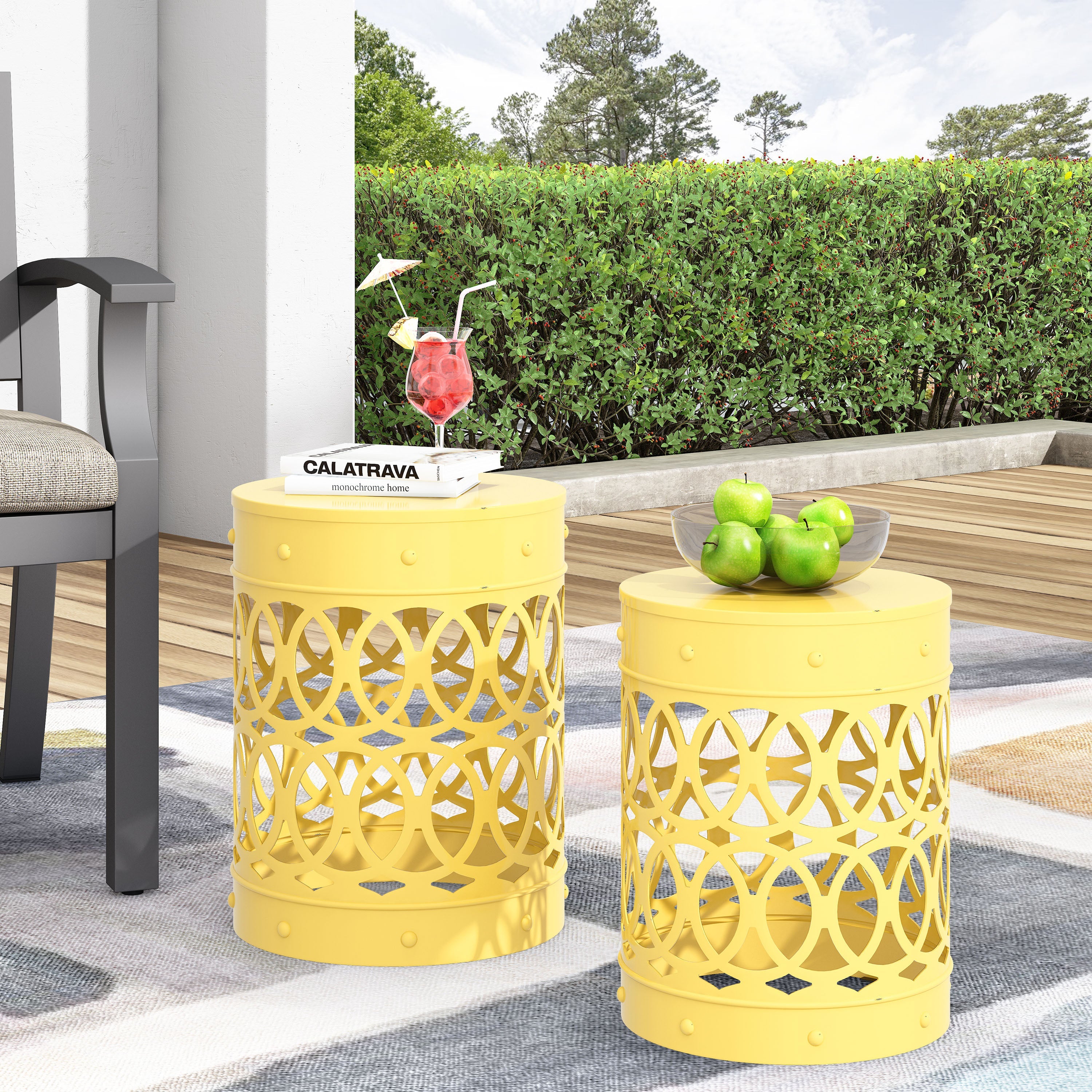 Symmetry Yellow Outdoor Cylindrical End Table with Overlapping Circle Pattern