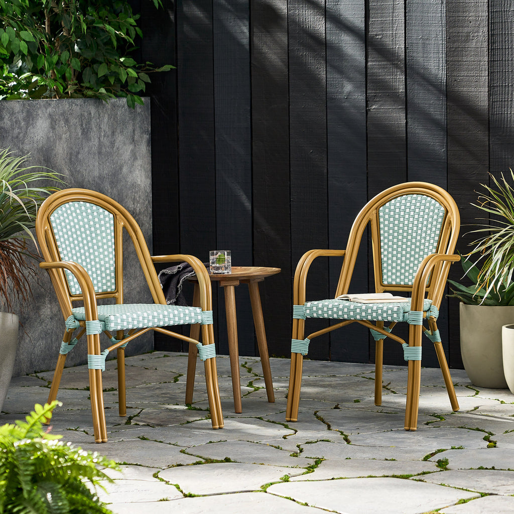 Crowned Wicker Bistro Chair with Checkered Pattern and Curved Arms, Set of 2