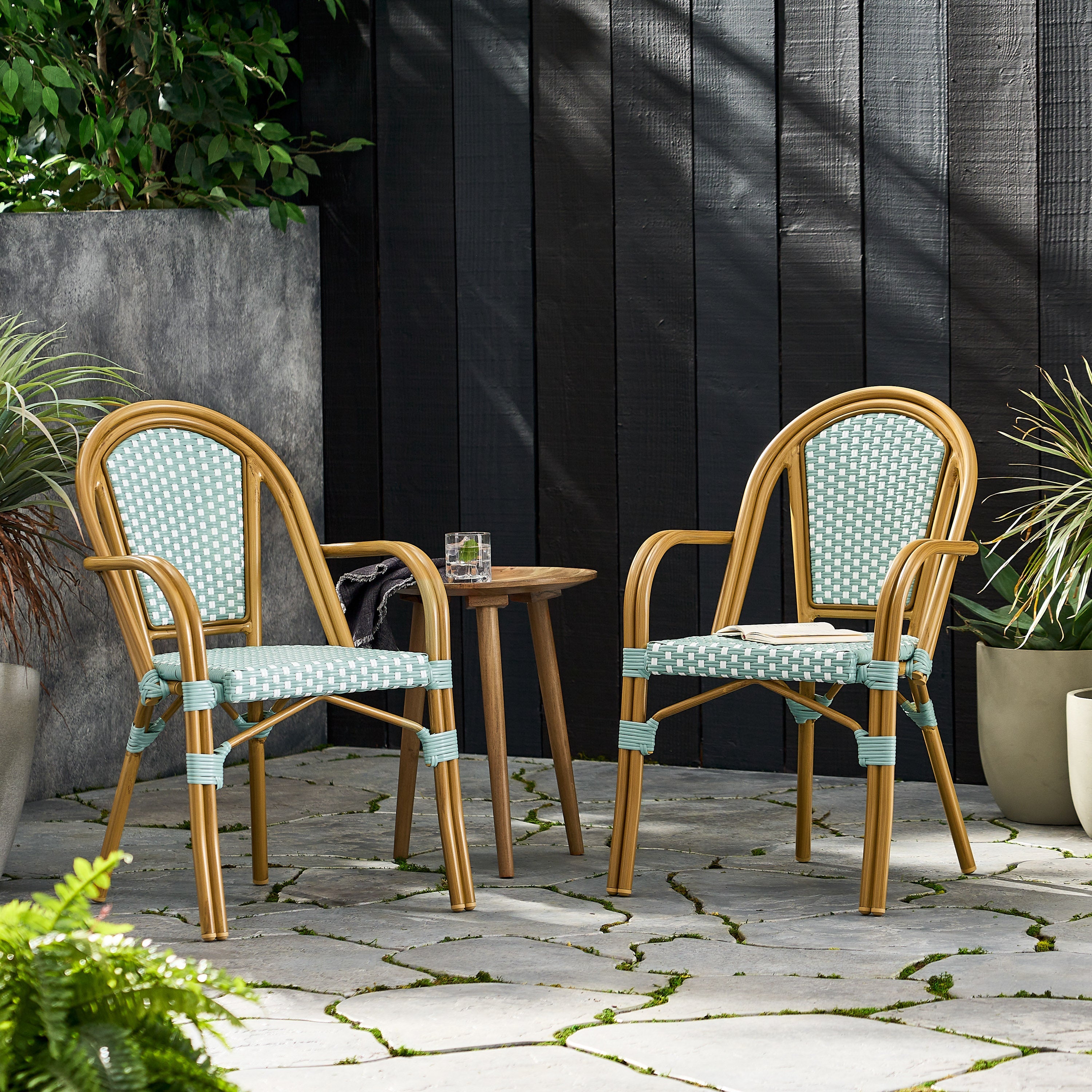 Crowned Wicker Bistro Chair with Checkered Pattern and Curved Arms, Set of 2