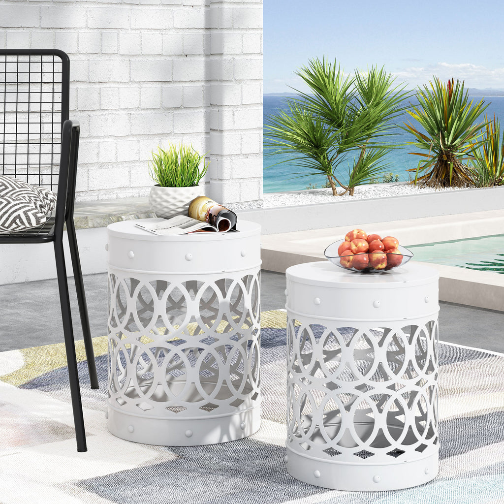 Symmetry White Outdoor Cylindrical End Table with Overlapping Circle Pattern