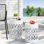 Symmetry White Outdoor Cylindrical End Table with Overlapping Circle Pattern