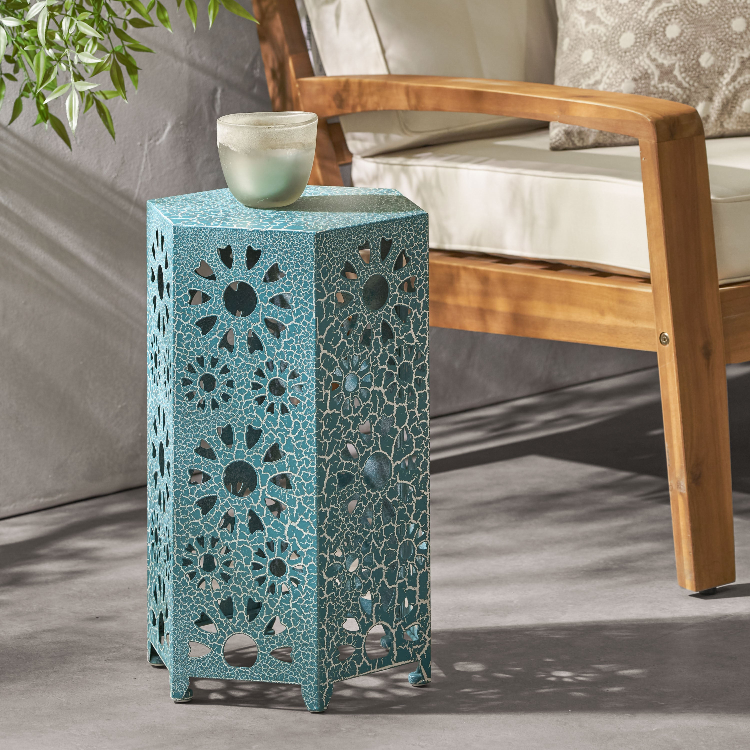 Enshrine Outdoor Iron Side Table with Sunburst Cut Out Design