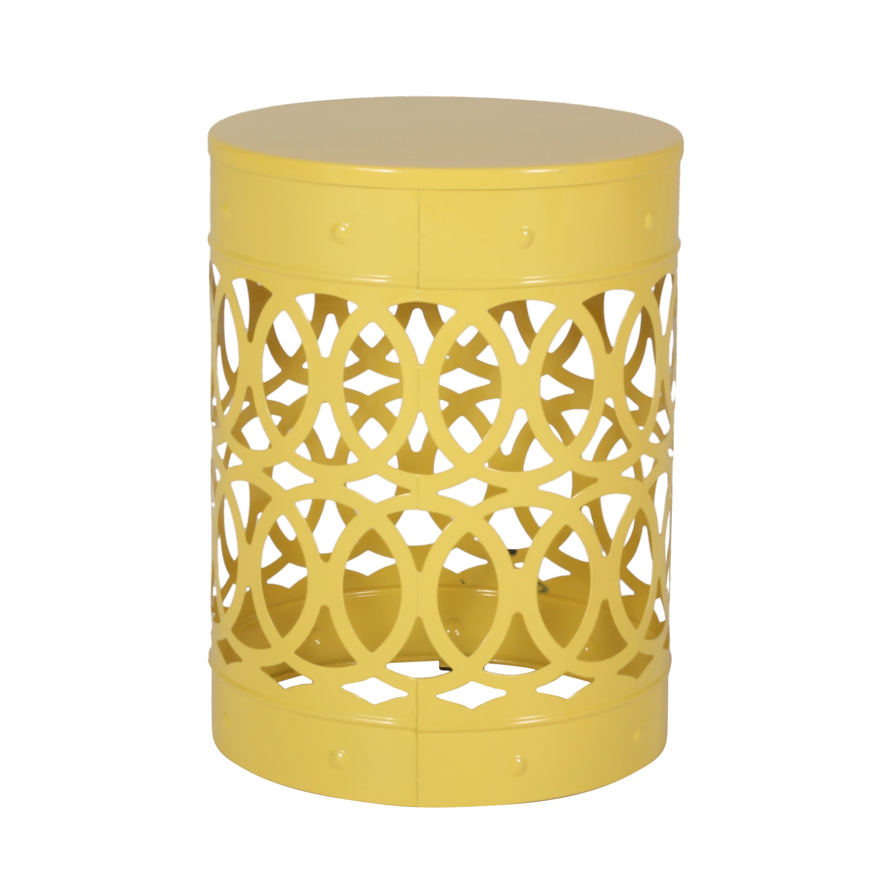 Symmetry Yellow Outdoor Cylindrical End Table with Overlapping Circle Pattern