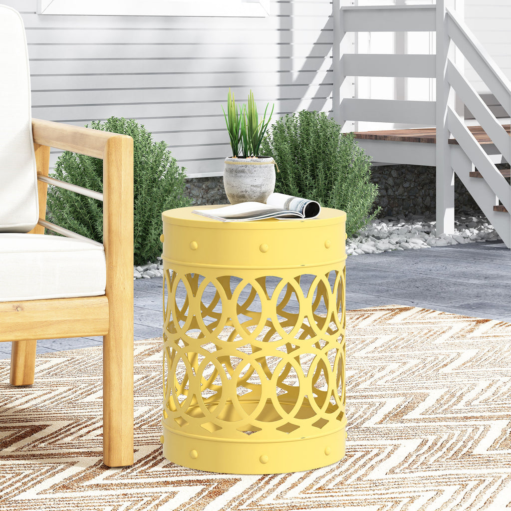Symmetry Yellow Outdoor Cylindrical End Table with Overlapping Circle Pattern