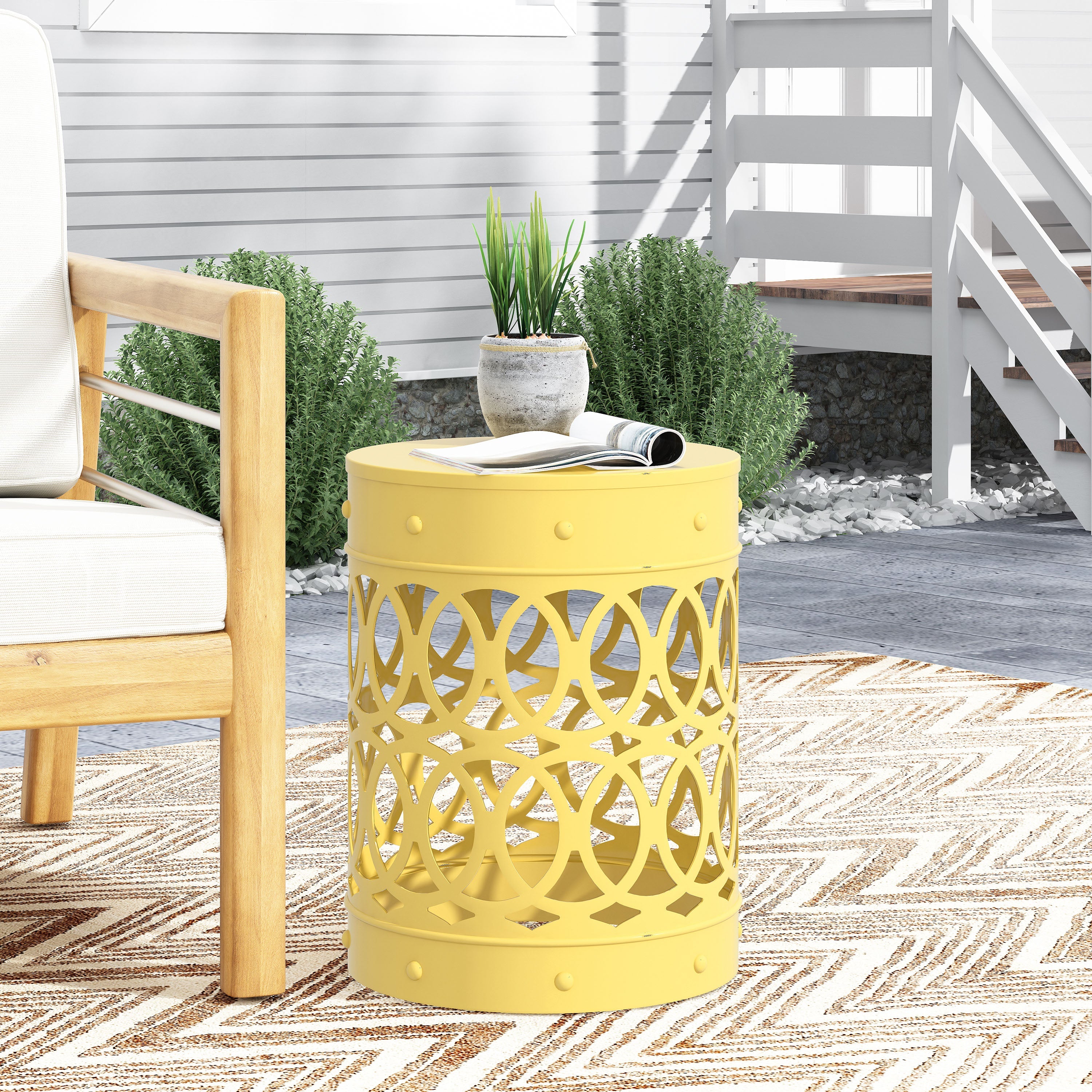 Symmetry Yellow Outdoor Cylindrical End Table with Overlapping Circle Pattern