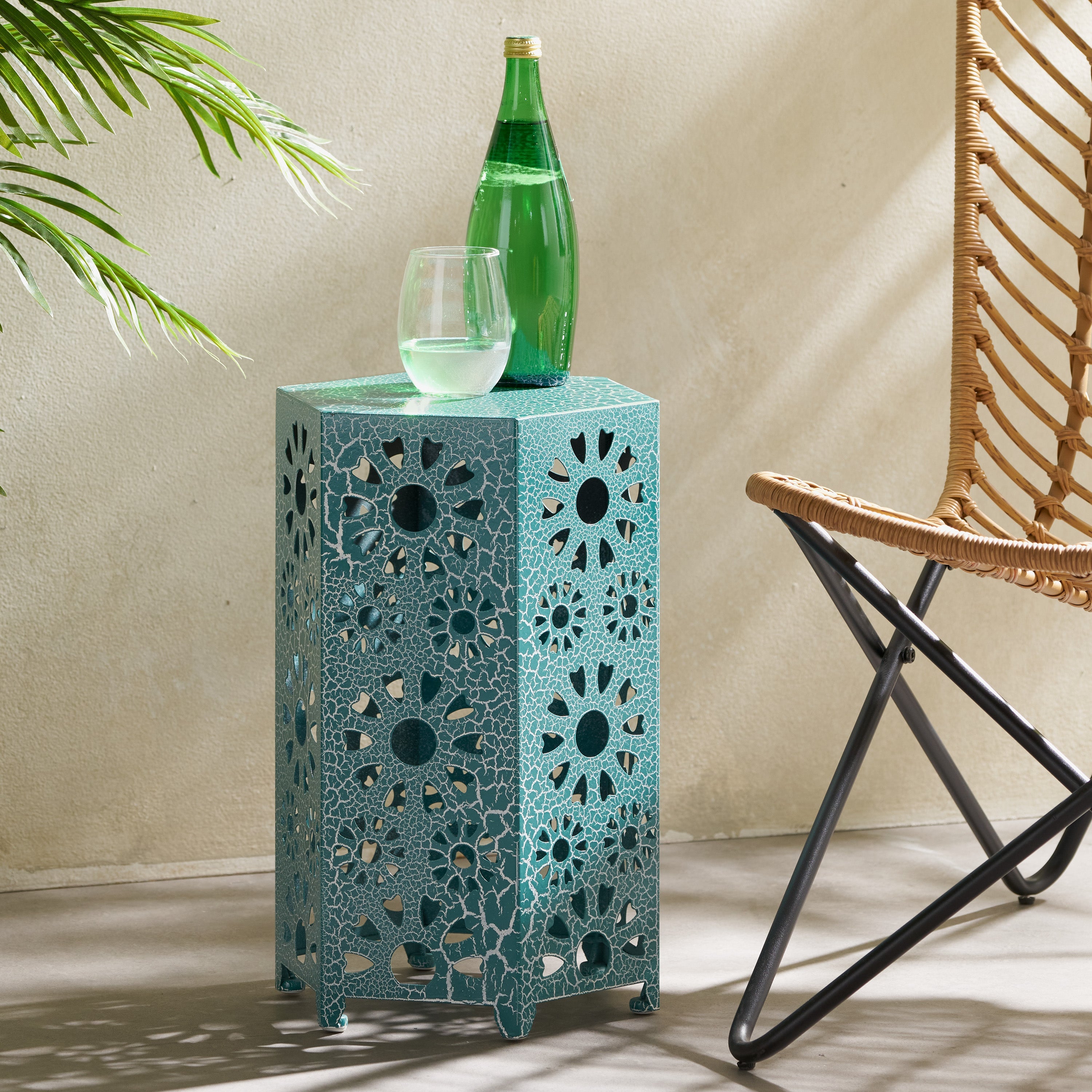 Enshrine Outdoor Iron Side Table with Sunburst Cut Out Design