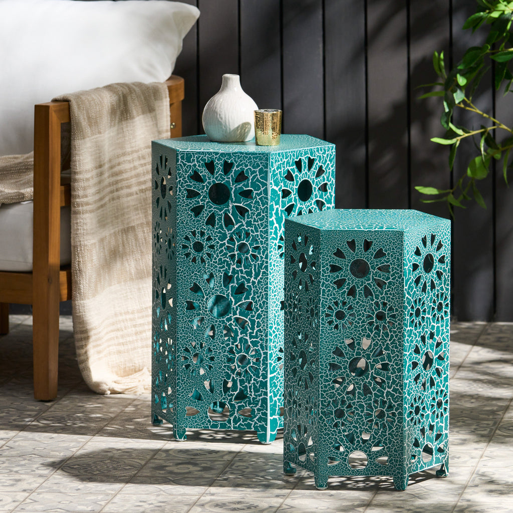 Enshrine Outdoor Iron Side Table with Sunburst Cut Out Design