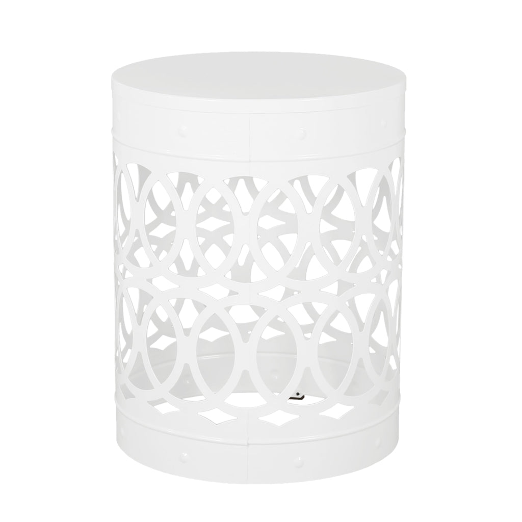Symmetry White Outdoor Cylindrical End Table with Overlapping Circle Pattern