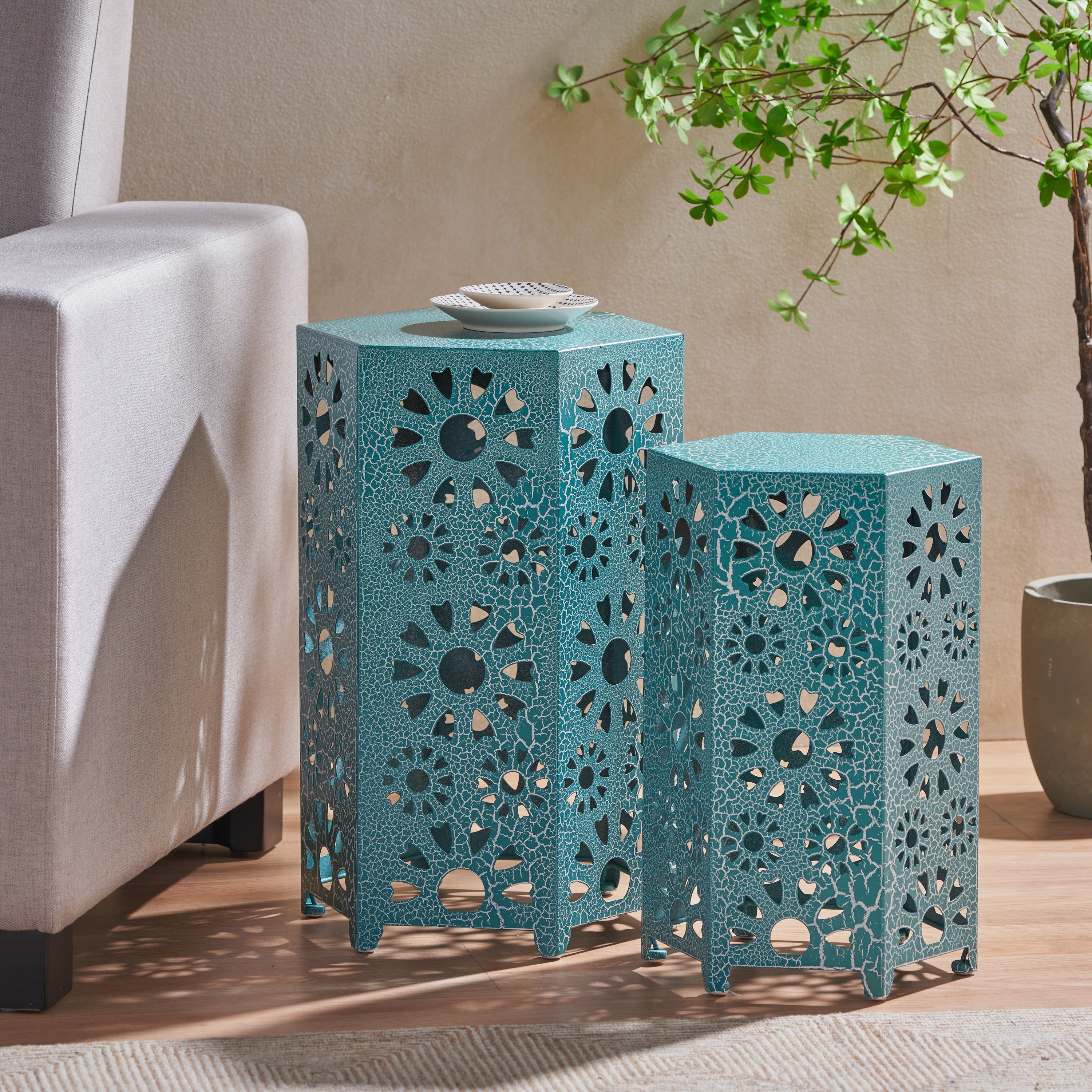 Enshrine Outdoor Iron Side Table with Sunburst Cut Out Design
