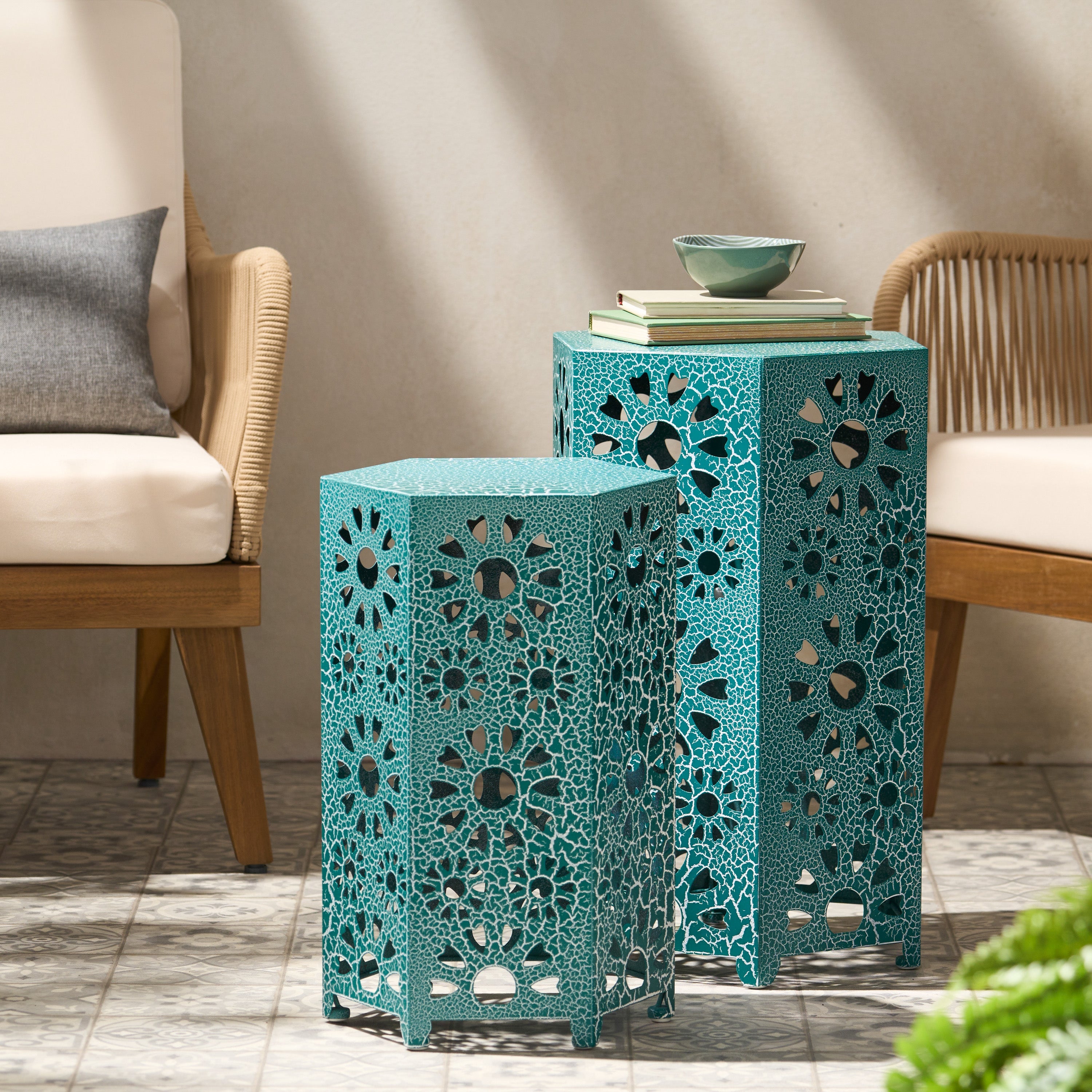 Enshrine Outdoor Iron Side Table with Sunburst Cut Out Design