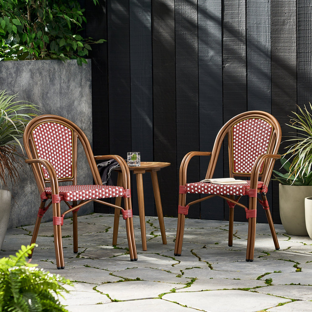 Crowned Wicker Bistro Chair with Checkered Pattern and Curved Arms, Set of 2