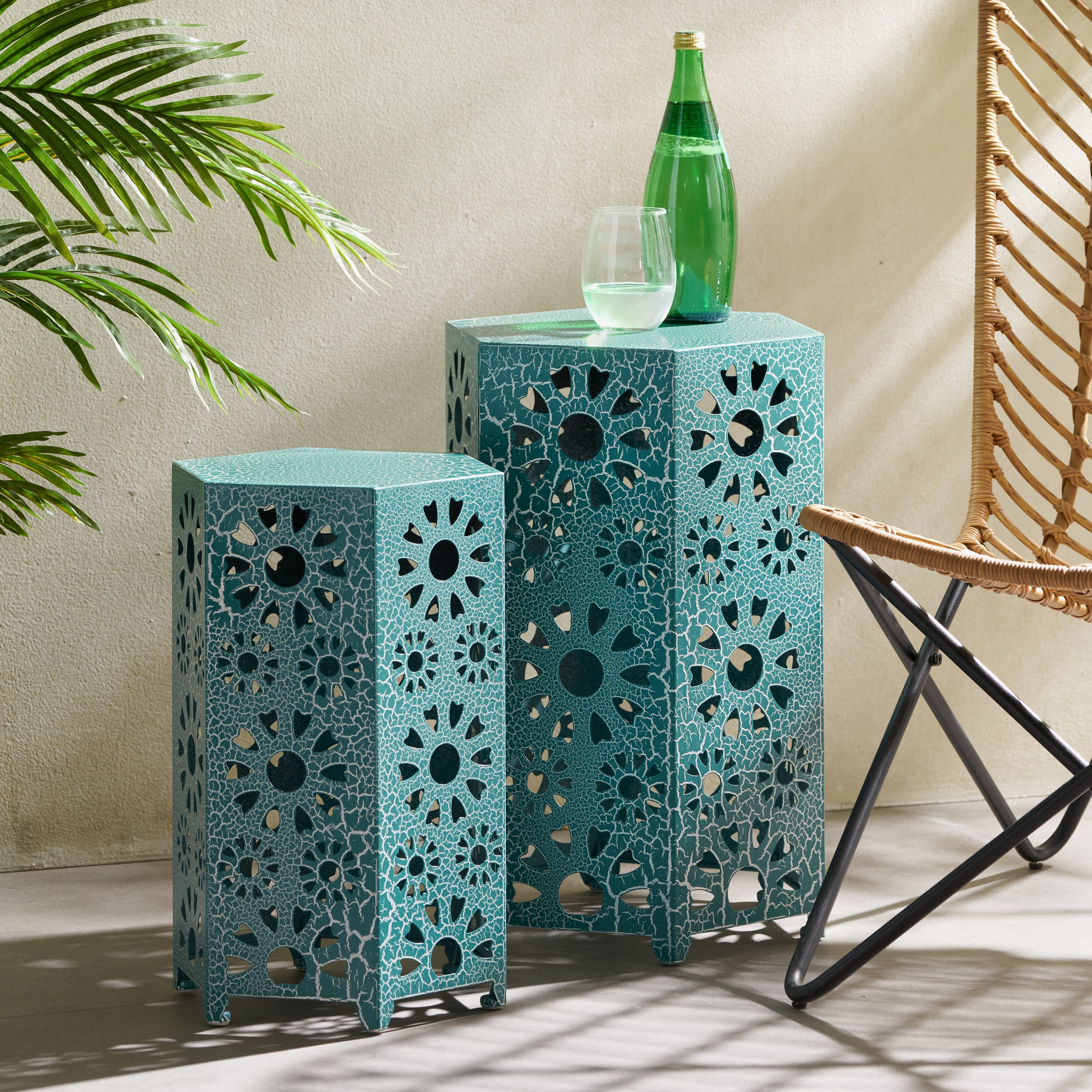Enshrine Outdoor Iron Side Table with Sunburst Cut Out Design