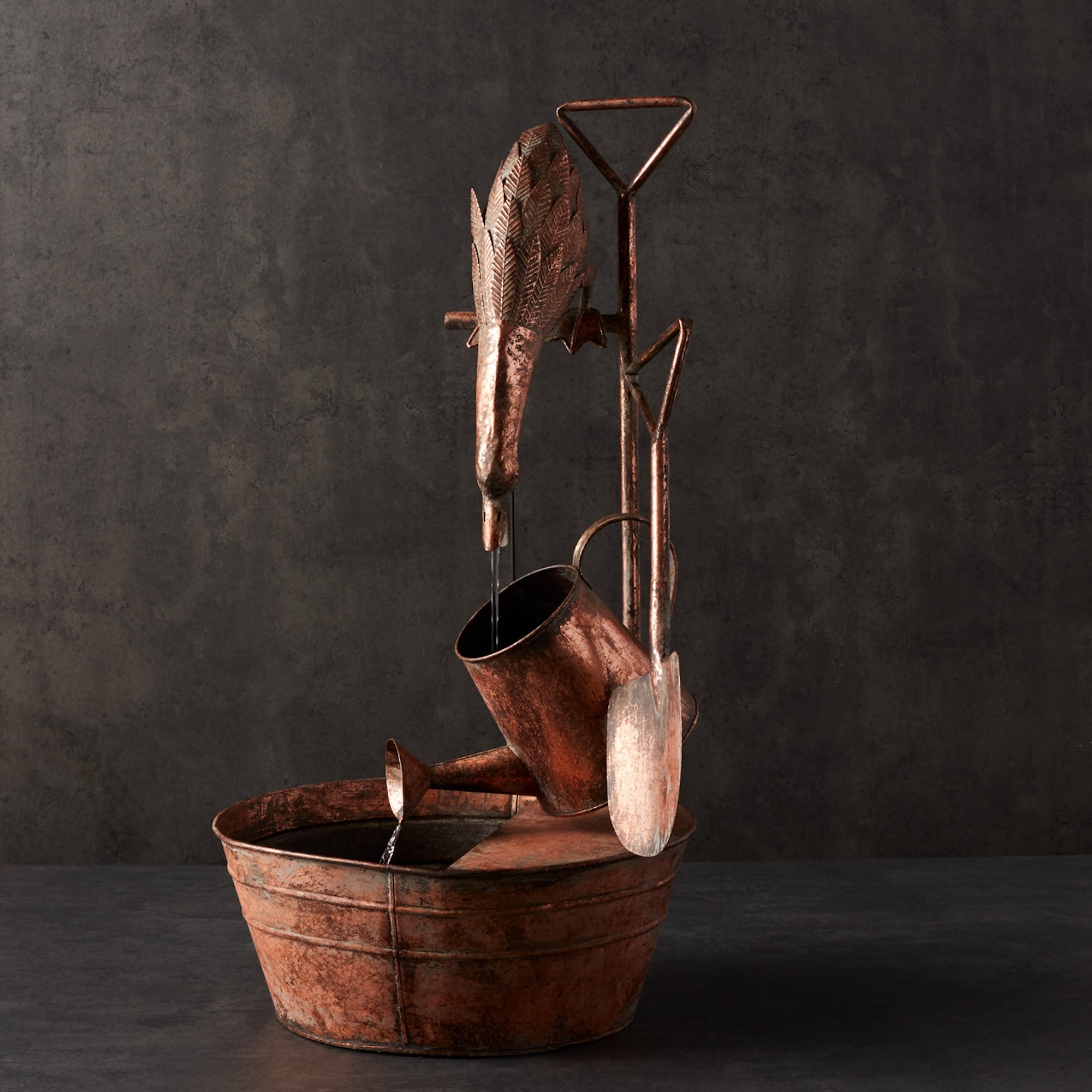 Rustic Metal Fountain with Duck and Watering Can 33"