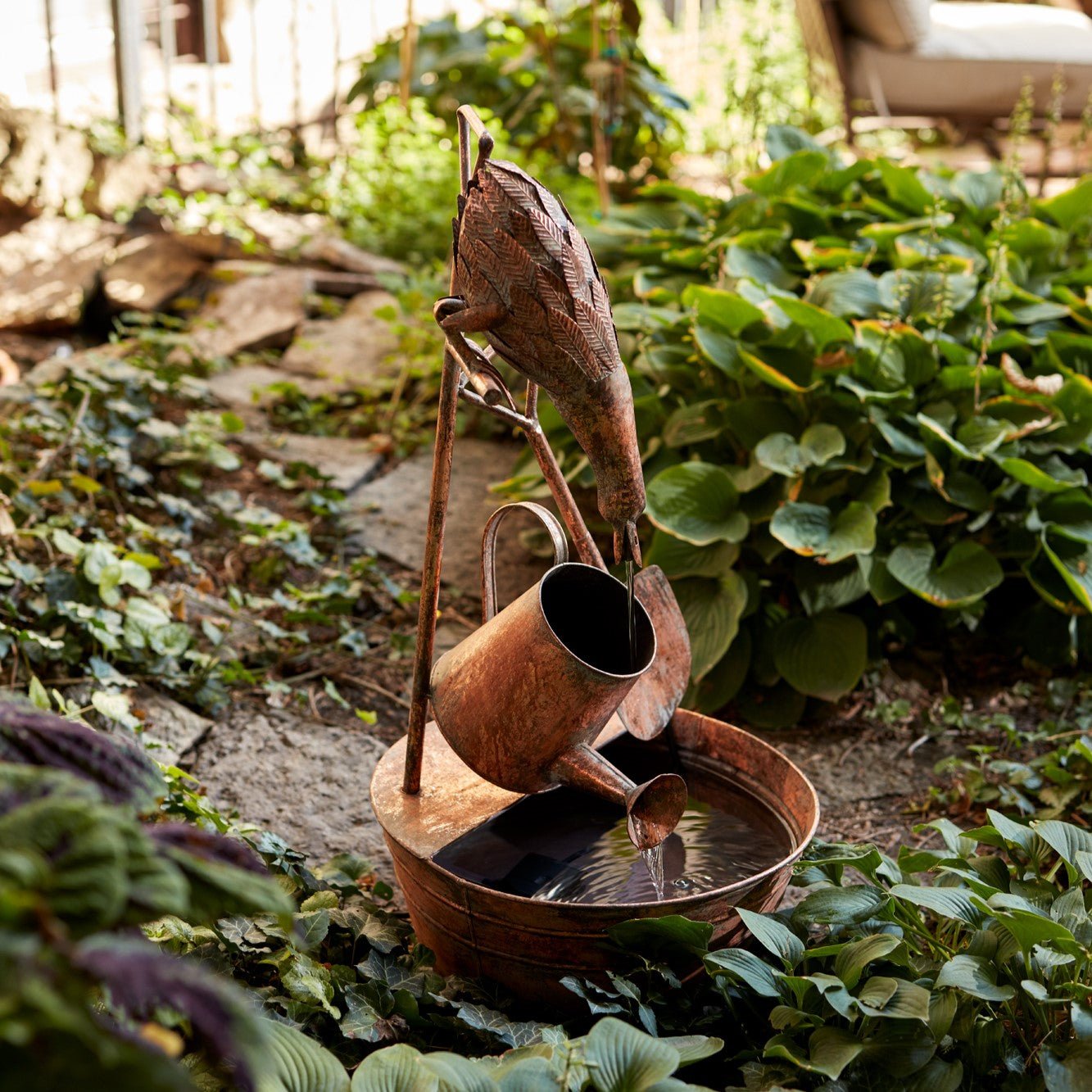 Rustic Metal Fountain with Duck and Watering Can 33"