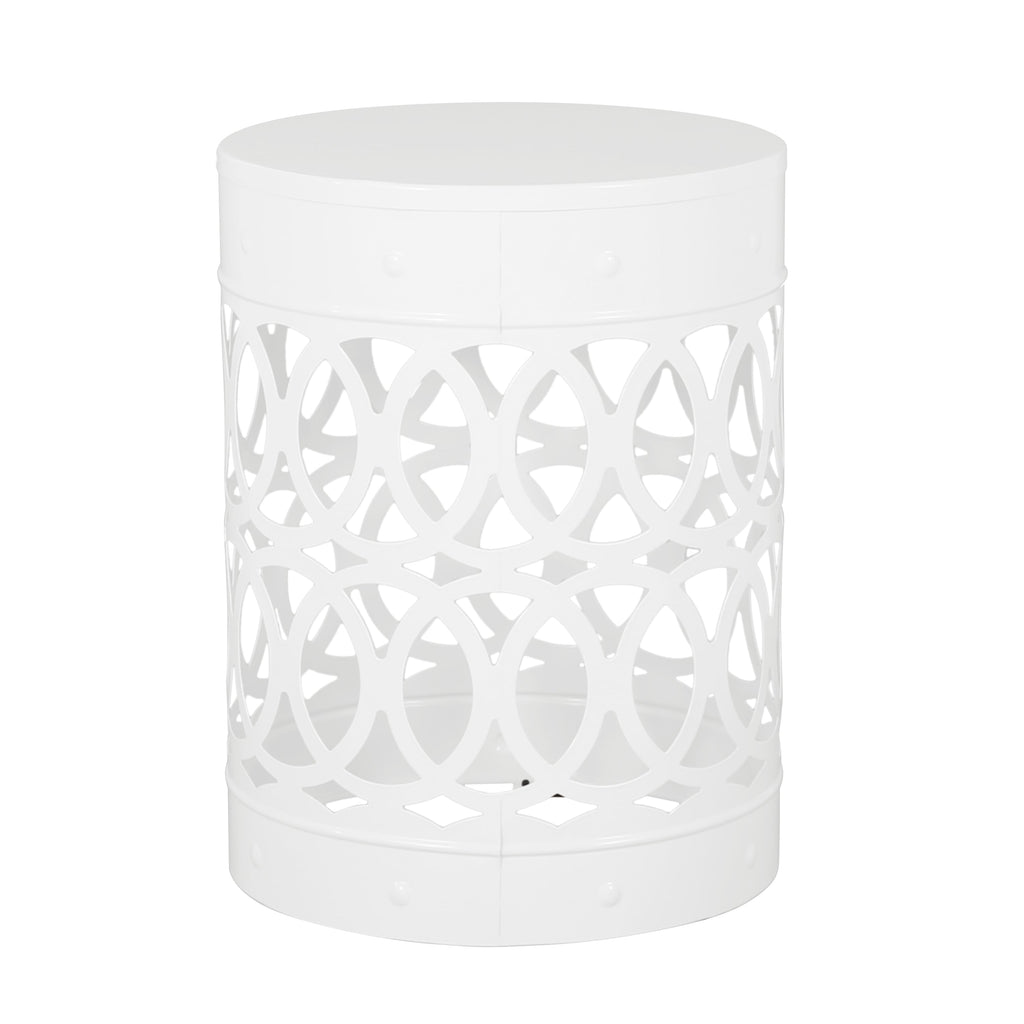 Symmetry White Outdoor Cylindrical End Table with Overlapping Circle Pattern