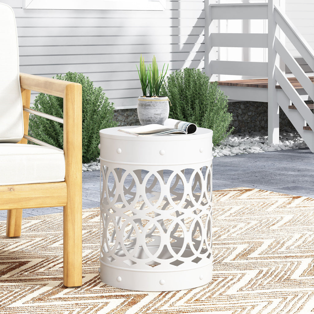 Symmetry White Outdoor Cylindrical End Table with Overlapping Circle Pattern