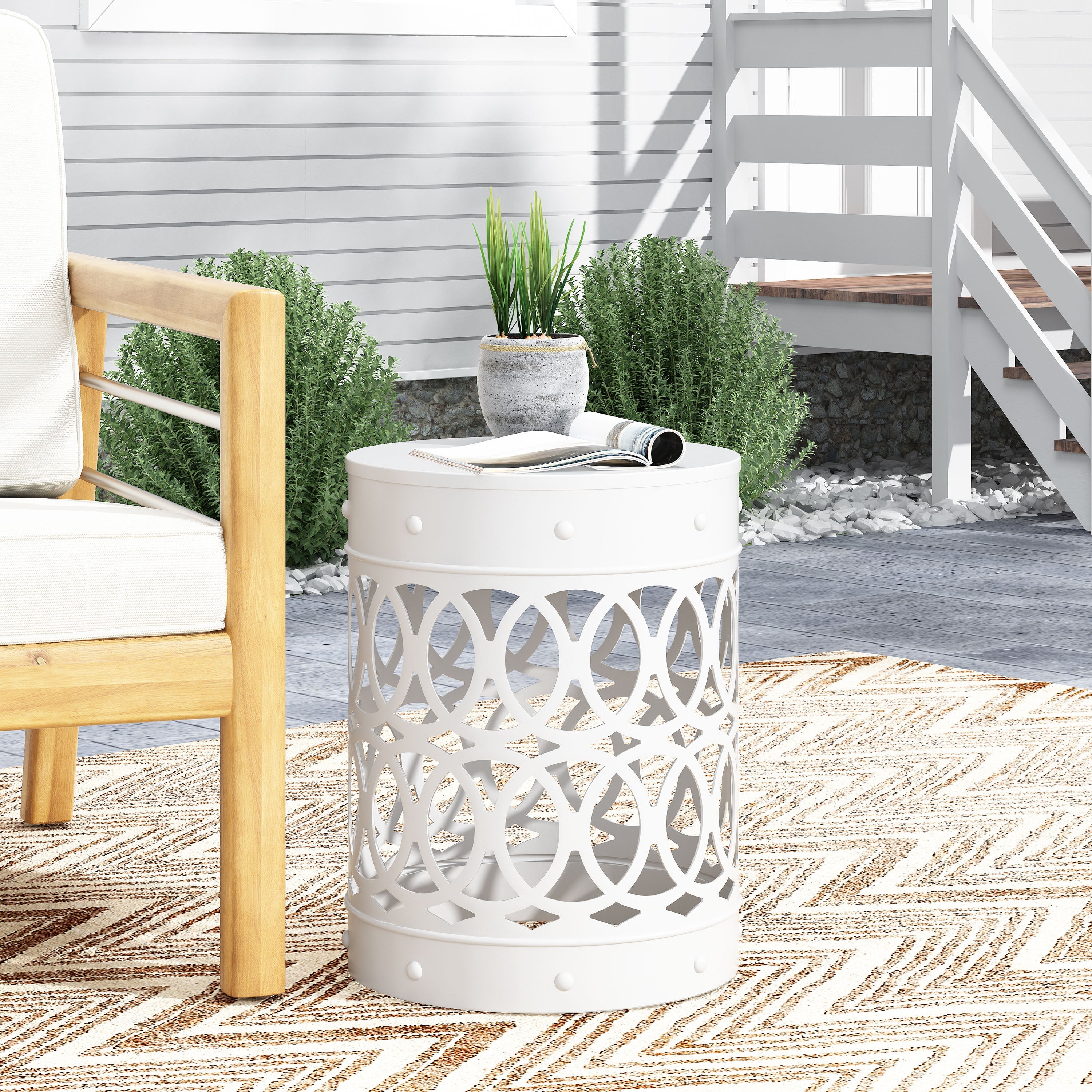 Symmetry White Outdoor Cylindrical End Table with Overlapping Circle Pattern