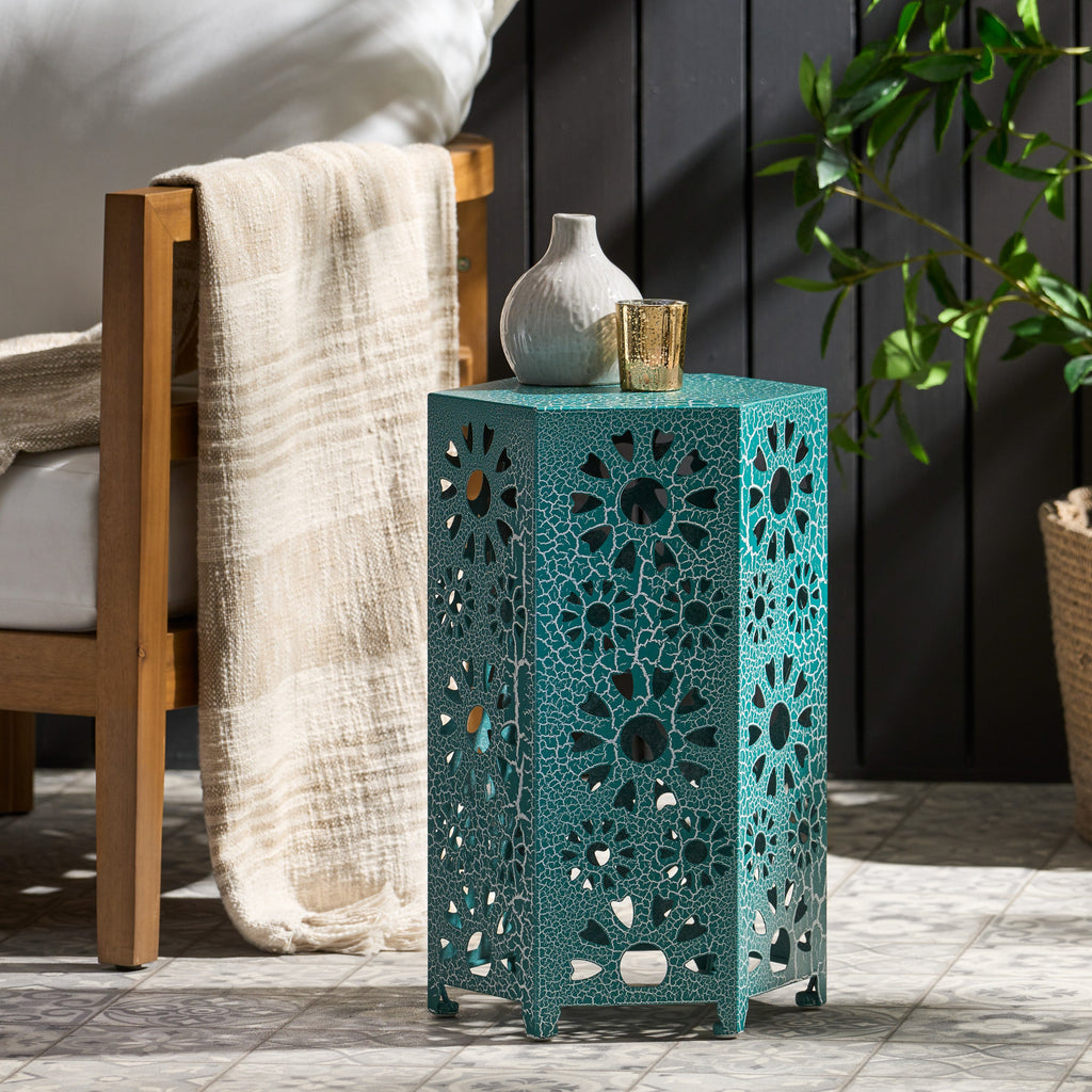 Enshrine Outdoor Iron Side Table with Sunburst Cut Out Design