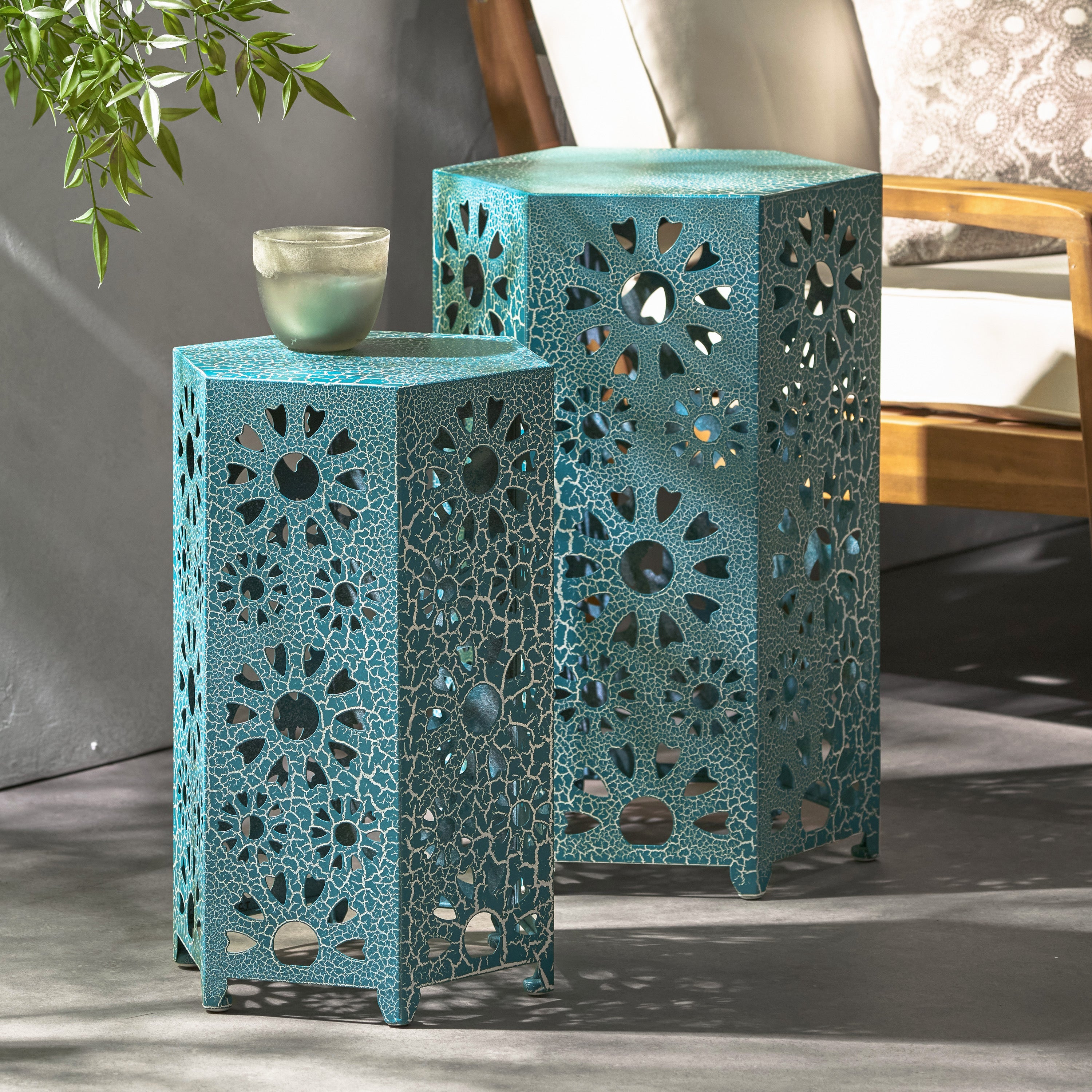 Enshrine Outdoor Iron Side Table with Sunburst Cut Out Design