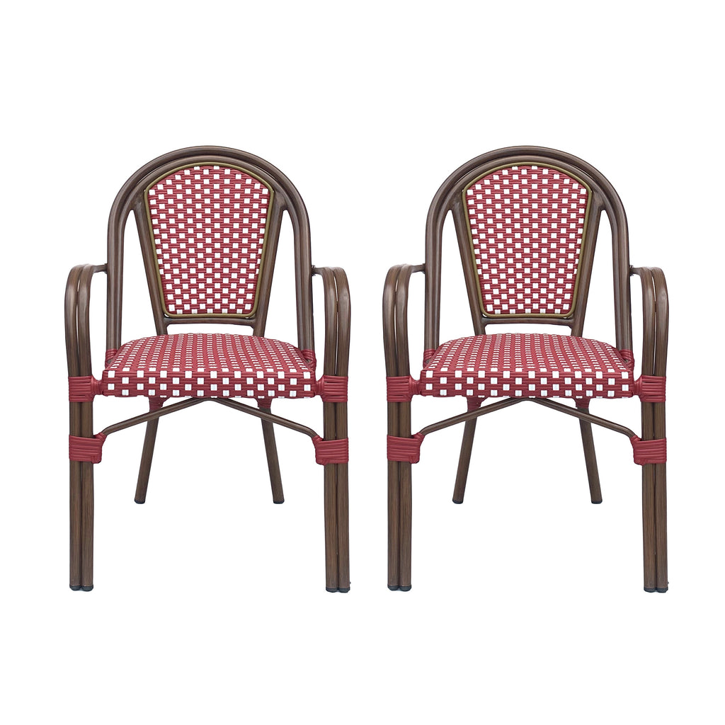 Crowned Wicker Bistro Chair with Checkered Pattern and Curved Arms, Set of 2
